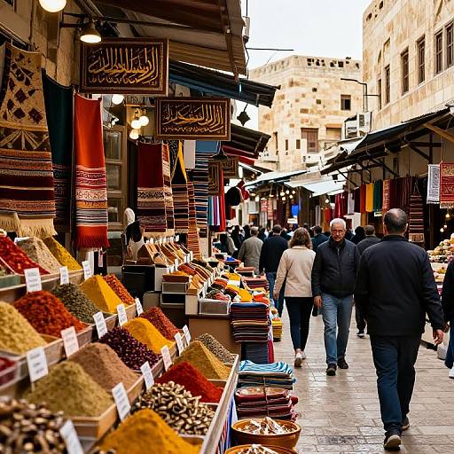 Photograph of a vibrant Middle Eastern market street, with colorful spice piles, textiles hanging, and shoppers browsing, under a cloudy sky.