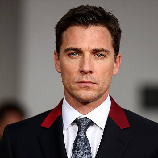 Photograph of a handsome, serious-looking man with short dark hair, blue eyes, wearing a black suit with red lapels, white shirt, and