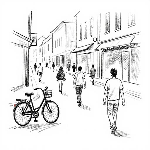 Black and white sketch of a bustling urban street with people walking, one person on a bicycle, and shops lining the sidewalk.