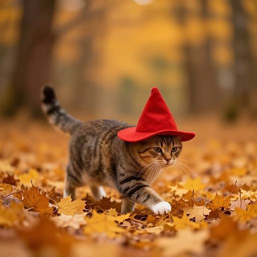 Photograph of a tabby kitten with a red pointed hat, walking on a forest floor covered in yellow autumn leaves.