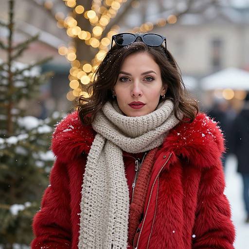 Photograph of a fair-skinned woman with dark brown hair, wearing a red furry coat, white knitted scarf, and sunglasses on head, standing