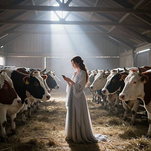 Photograph of a pregnant woman in a flowing white dress standing in a sunlit barn, surrounded by black and white cows. She looks down at her