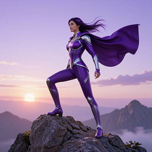 Digital art of a confident, dark-haired woman in a purple, silver-accented superhero suit standing on a rocky peak at sunset, with mountains in