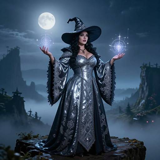 Digital artwork: Dark-haired witch in shiny black gown and wide-brimmed hat, holding glowing magical orbs under full moon in misty, mountainous