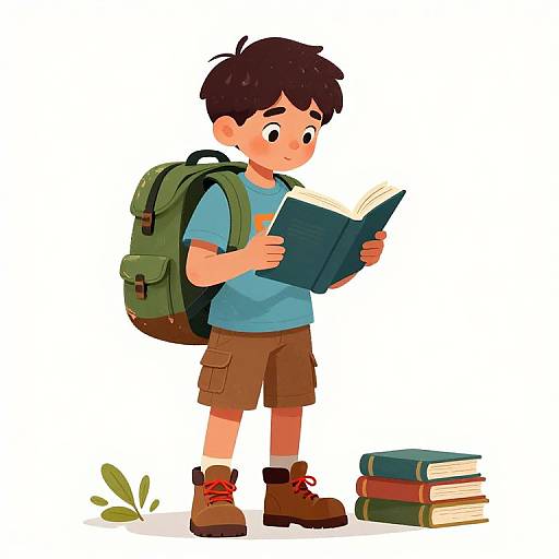 Cartoon boy with black hair, blue shirt, brown shorts, green backpack, reading book, standing near stacked books, white background.