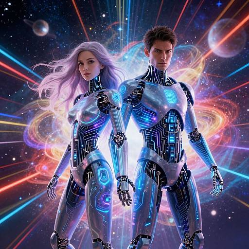 Digital artwork of a fair-skinned, silver-haired woman and a dark-haired man in glowing, cybernetic bodysuits, standing back-to-back