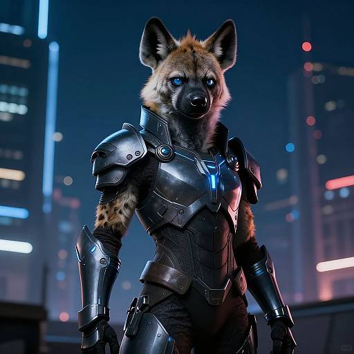 Digital CGI of a fierce anthropomorphic hyena in shiny black futuristic armor, standing in a neon-lit cityscape at night.