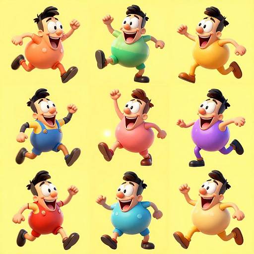 CGI image of nine cartoon boys with black hair, large eyes, and big smiles, wearing colorful overalls, running joyfully against a yellow background
