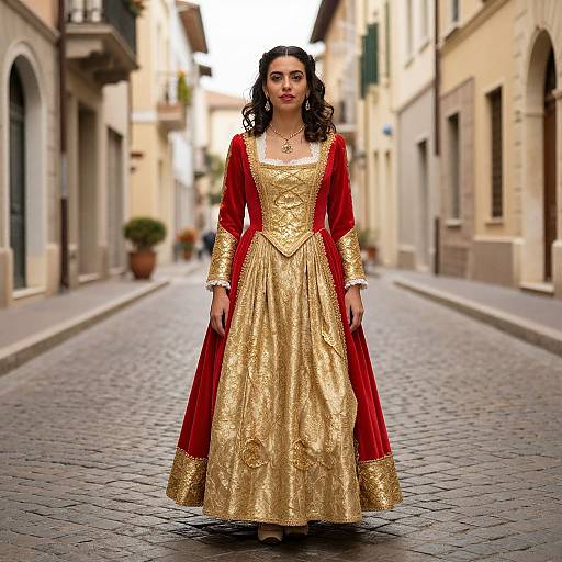 Photograph of a woman with curly black hair in a gold and red traditional Indian dress, standing on a cobblestone street in a historic European town
