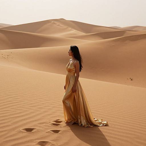 Photograph of a woman in a flowing, golden dress standing in a sunlit, vast desert with rippled sand dunes.