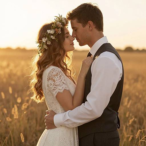Photograph of a couple kissing in a golden field at sunset, the bride in a white lace dress with flower crown, the groom in a white shirt