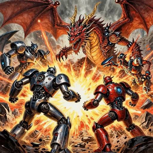 Digital artwork of three metallic robots fighting a red dragon amidst a fiery explosion. The dragon has large wings and sharp horns. The robots are in silver and
