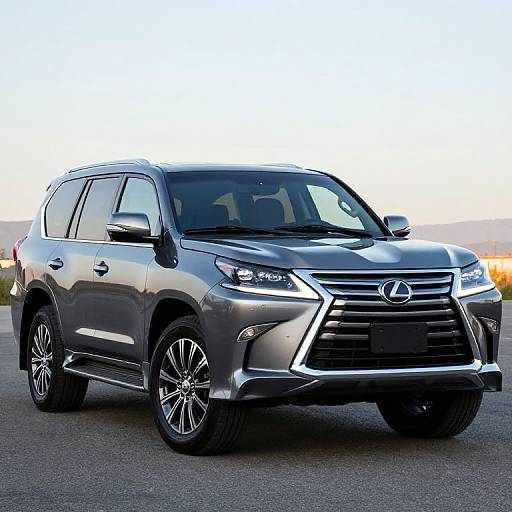 Photograph of a sleek, silver Nissan SUV with modern, angular headlights and chrome accents, parked on a paved surface at sunset.