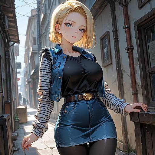 Stylish Blonde Woman in Denim Outfit on Urban Street