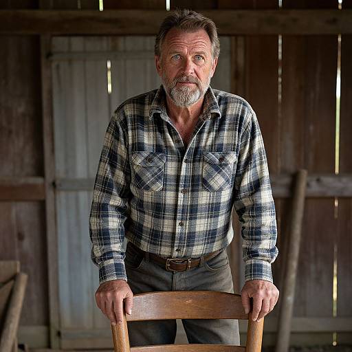 Photograph of a middle-aged, bearded man with gray hair, wearing a plaid shirt and dark pants, standing in a rustic wooden shed,