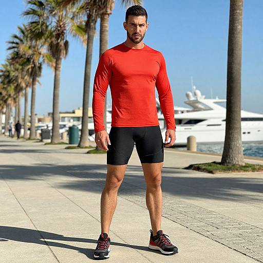 Photograph of a muscular man with short dark hair and beard, wearing a red long-sleeve shirt, black shorts, and red sneakers, standing