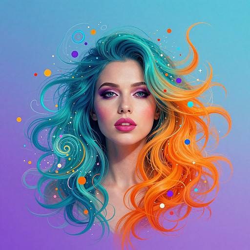 Digital artwork of a fair-skinned woman with vibrant blue and orange wavy hair, purple eyeshadow, and pink lipstick, set against a gradient