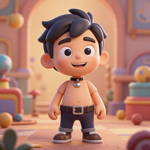 CGI cartoon of a smiling, chubby boy with black hair, wearing a beige shirt, black pants, and shoes, in a colorful, whimsical