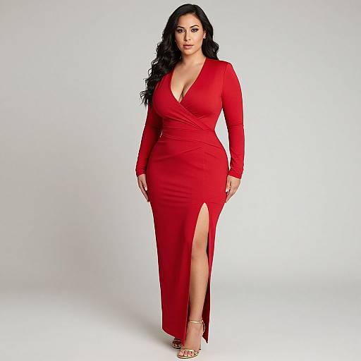 Photograph of a curvy woman with long black hair, wearing a red, long-sleeve, V-neck dress with a thigh-high slit,