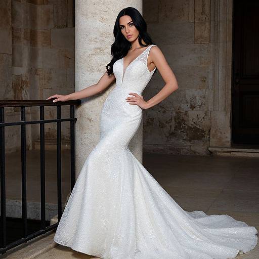 Photograph of a slender woman with long black hair, wearing a sparkling white, deep V-neck, mermaid-style wedding gown, standing in a dim