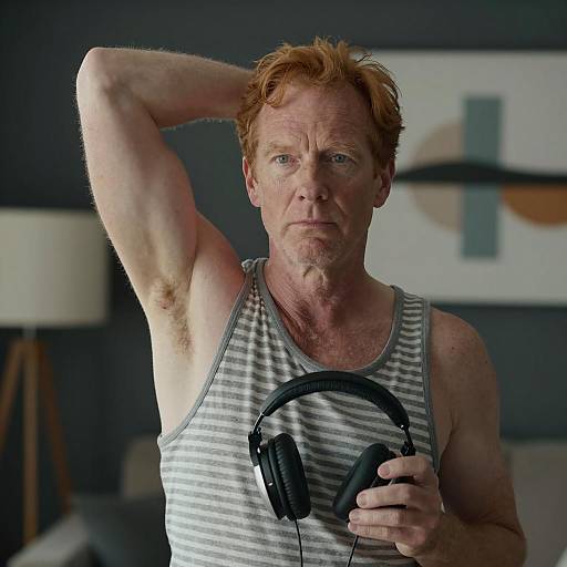Focused Man with Headphones in Dark Room