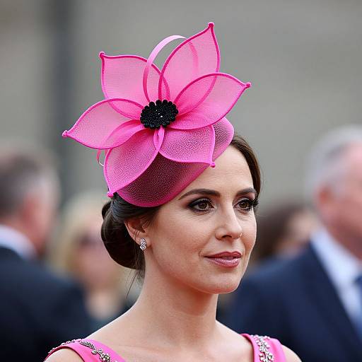 Photograph of a woman with fair skin, dark hair in an updo, wearing a bright pink floral fascinator and pink dress, smiling slightly at