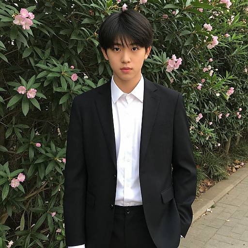 Photograph of an Asian young man with black hair, wearing a black suit and white shirt, standing in front of pink flowering bushes.