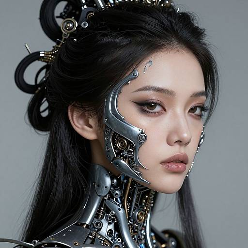 Highly detailed CGI portrait of an East Asian woman with cybernetic face and neck, metallic headpiece, and mechanical adornments, against a gray