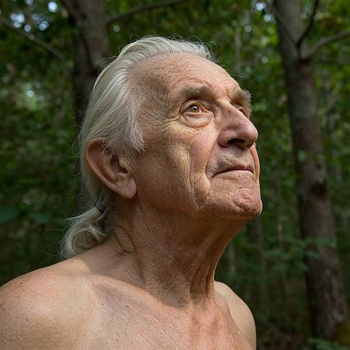 Photograph of an elderly, shirtless man with white hair, looking upward in a forest; his weathered face and deep-set eyes highlighted by natural