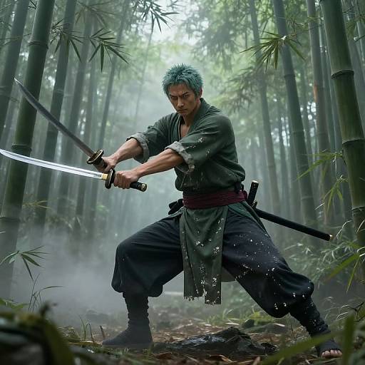 Photorealistic digital artwork of a blue-haired, muscular samurai in green attire, wielding a glowing sword in a misty bamboo forest.