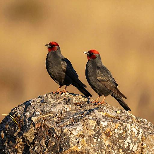 Photograph of two red-headed blackbirds with vibrant red caps and black plumage, perched on a textured, sunlit rock against a blurred golden
