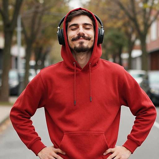 Smiling man in red hoodie with headphones outdoors