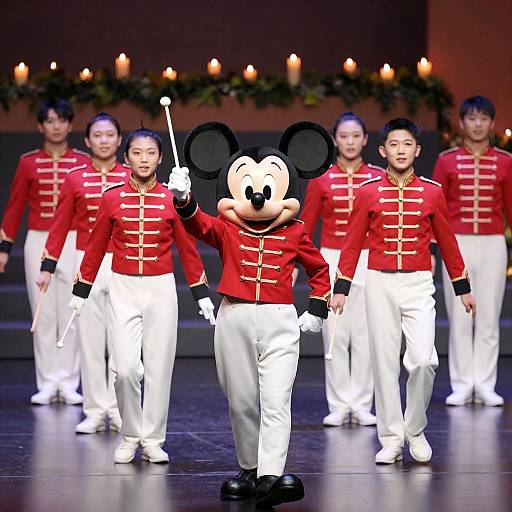 Joyful Mascot with Focused Performers