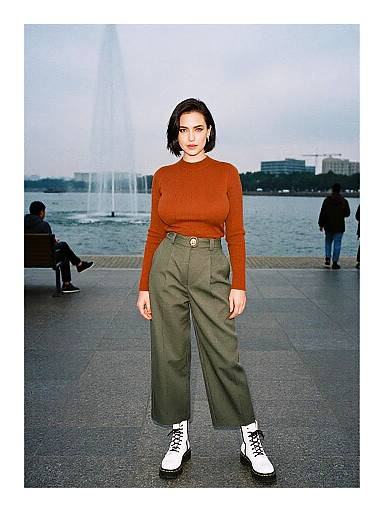 Photograph of a woman with short black hair, wearing an orange sweater, high-waisted olive pants, and white sneakers, standing on a waterfront