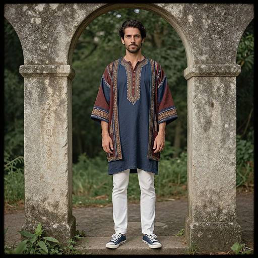 Photograph of a bearded man with dark hair, wearing a dark blue, embroidered tunic, white pants, and black sneakers, standing under a
