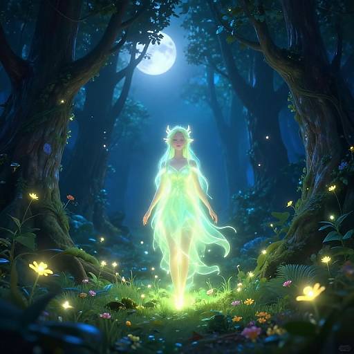 Digital art: Glowing ethereal woman in luminous green dress stands in moonlit enchanted forest, surrounded by glowing fireflies and vibrant flowers.