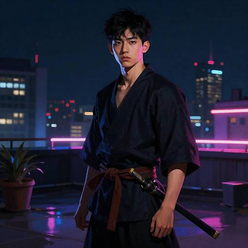 Young Neon Rooftop Samurai at Midnight