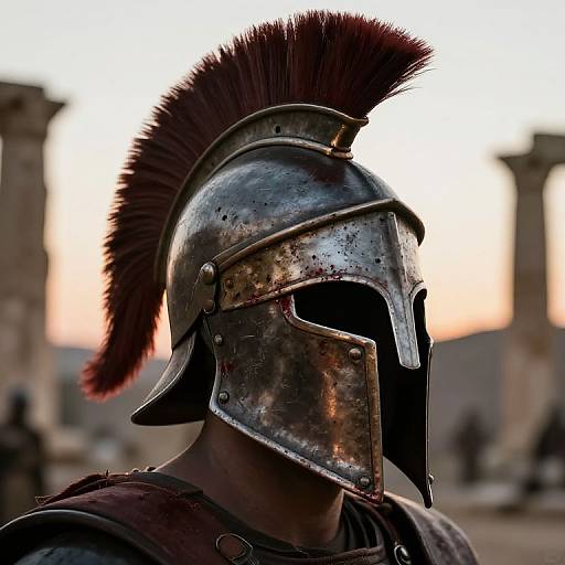 Photograph of a Roman gladiator in rusty, weathered steel helmet with a tall, red plume, blurred ancient ruins in the background.