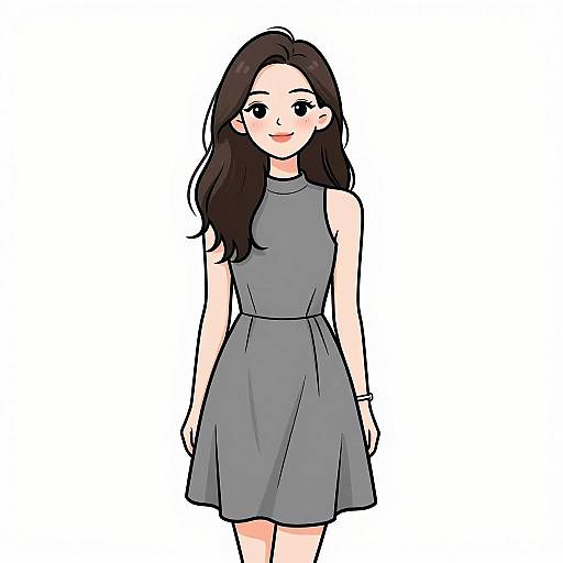 Digital anime-style drawing of a smiling young woman with long black hair, wearing a sleeveless gray dress, standing against a plain white background.