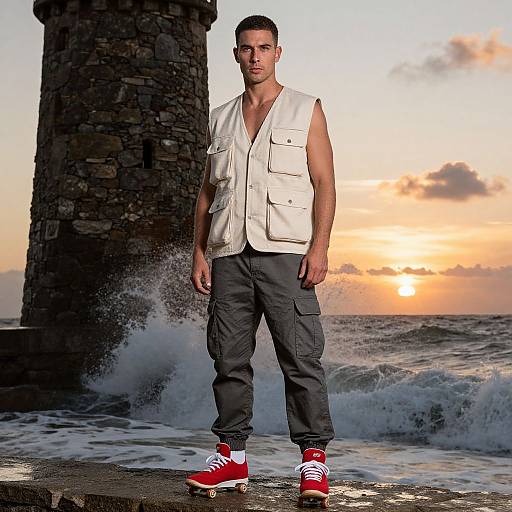 Photograph of a muscular man with short dark hair, white sleeveless vest, gray cargo pants, and red sneakers, standing by a stone lighthouse