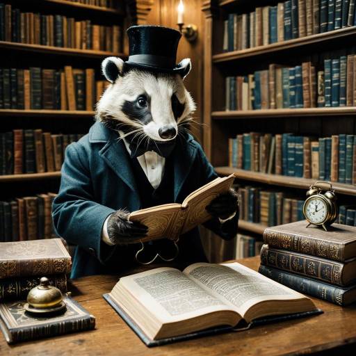 Badger in Victorian Attire Reading Ancient Book