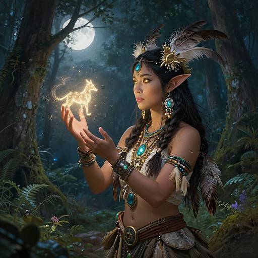 Digital artwork of an elf woman with dark skin and long braided hair, wearing tribal jewelry and feathers, holding a glowing fairy in a moonlit forest
