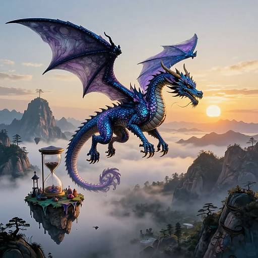 Digital fantasy artwork of a majestic blue dragon with purple wings soaring above a misty, mountainous landscape at sunrise, with floating islands and a timepiece