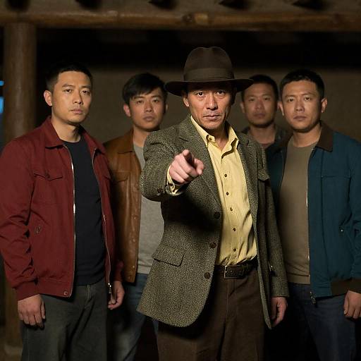 Group of Five Men in Dimly Lit Rustic Setting