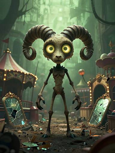 CGI image of a creepy, skeletal, horned creature with glowing yellow eyes standing in a dark, foggy carnival with broken mirrors and lit-up