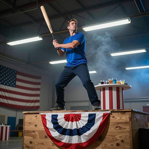 Intense Man Aiming in Festive Warehouse