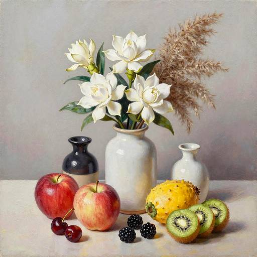 Photorealistic Still Life with Gardenias and Fruit