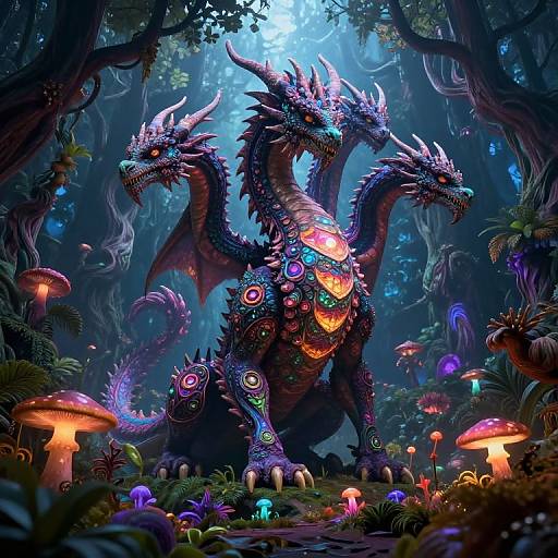 Digital fantasy art of a vibrant, three-headed dragon with glowing patterns, surrounded by colorful mushrooms and lush forest in a mystical, moonlit forest.