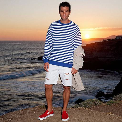 Photograph of a young man with short dark hair, wearing a blue and white striped sweater, white shorts, and red sneakers, standing on a rocky