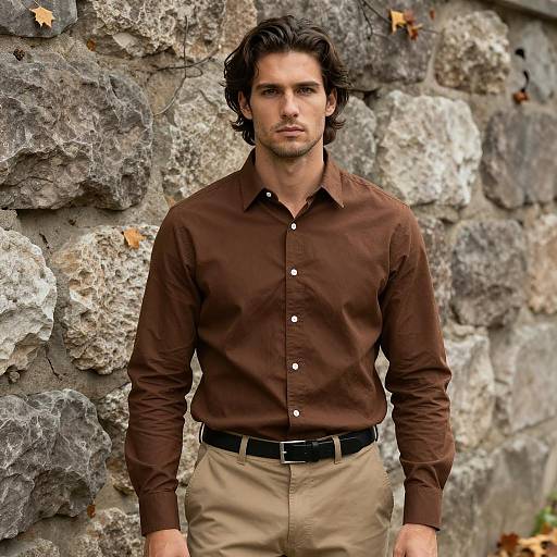 Casual Man in Brown Shirt by Stone Wall